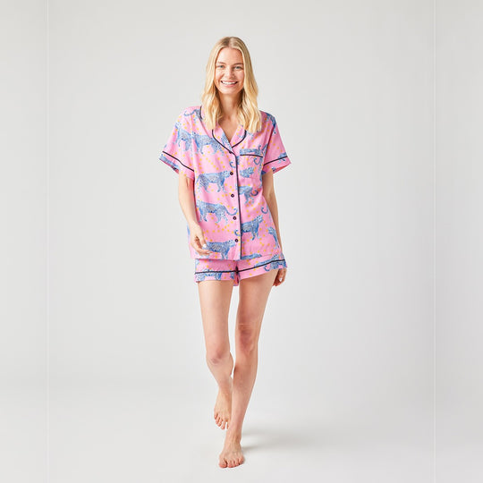 Cosmic Cheetah Pajama Shorts Set - Pink banner