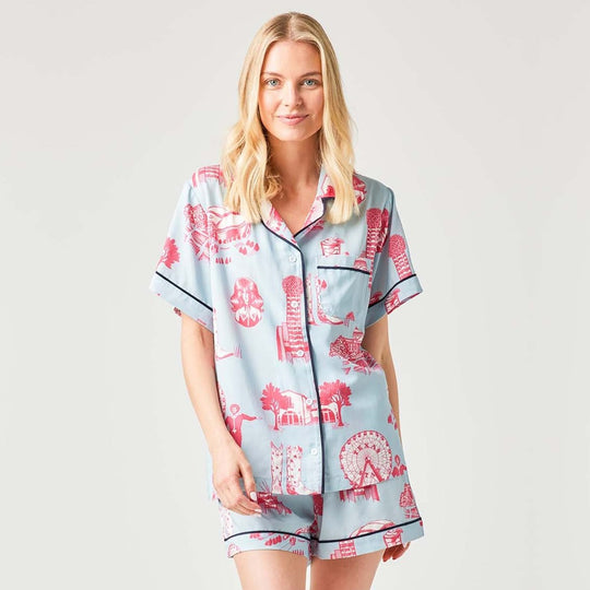 Dallas Toile Pajama Shorts Set - Blue Pink banner